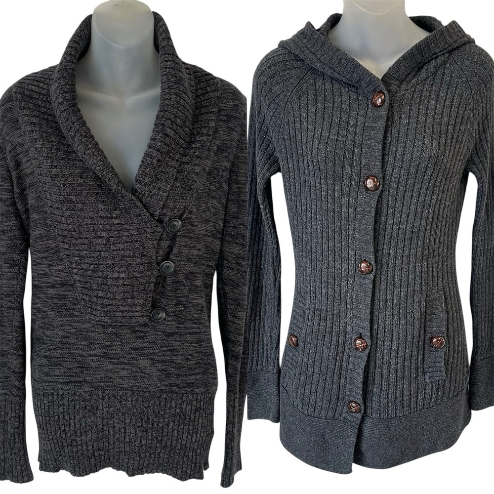 Roxy Lot Of 2 Sweaters Gray Button Up‎ Shawl Collar Hooded Long Cardigan Size M